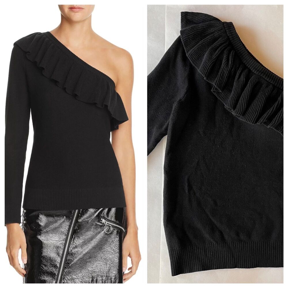 Rebecca Minkoff Stacey Ruffle Popover Knit One-shoulder Sweater in Black Size M